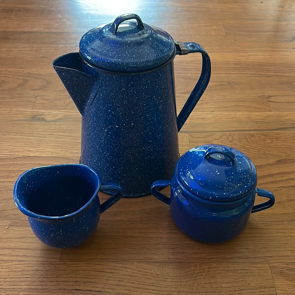 Blue Speckled Enamel Coffee, Cream, & Sugar Set